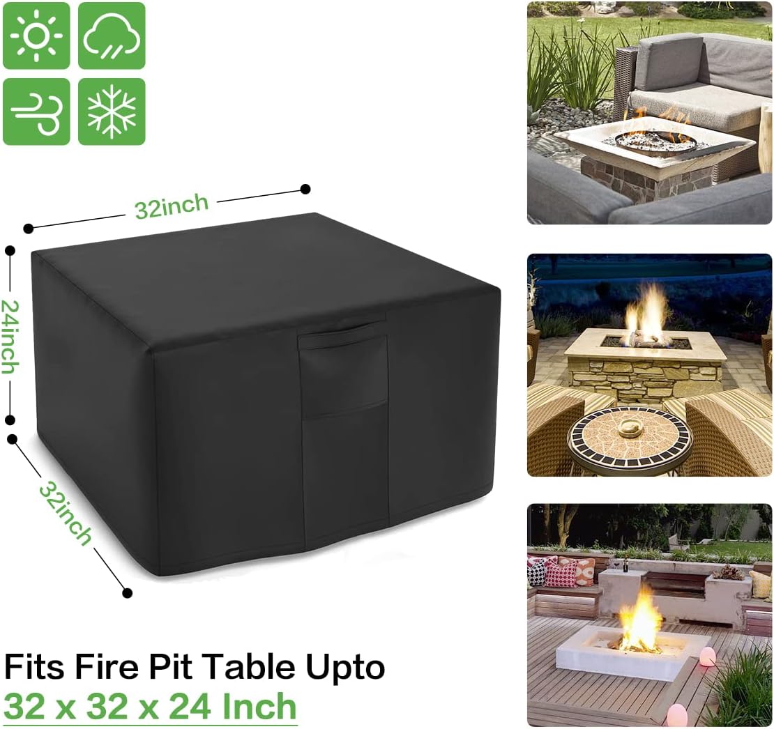 Gillevecara Fire Pit Cover Square 32 inch - Waterproof 600D Heavy Duty Square Patio Fire Pit Table Cover with PVC Coating, Air Vents, Anti-Crack, Fits for 30/31 / 32 inch Fire Pit - 32 x 32 x24 inch : Patio, Lawn & Garden