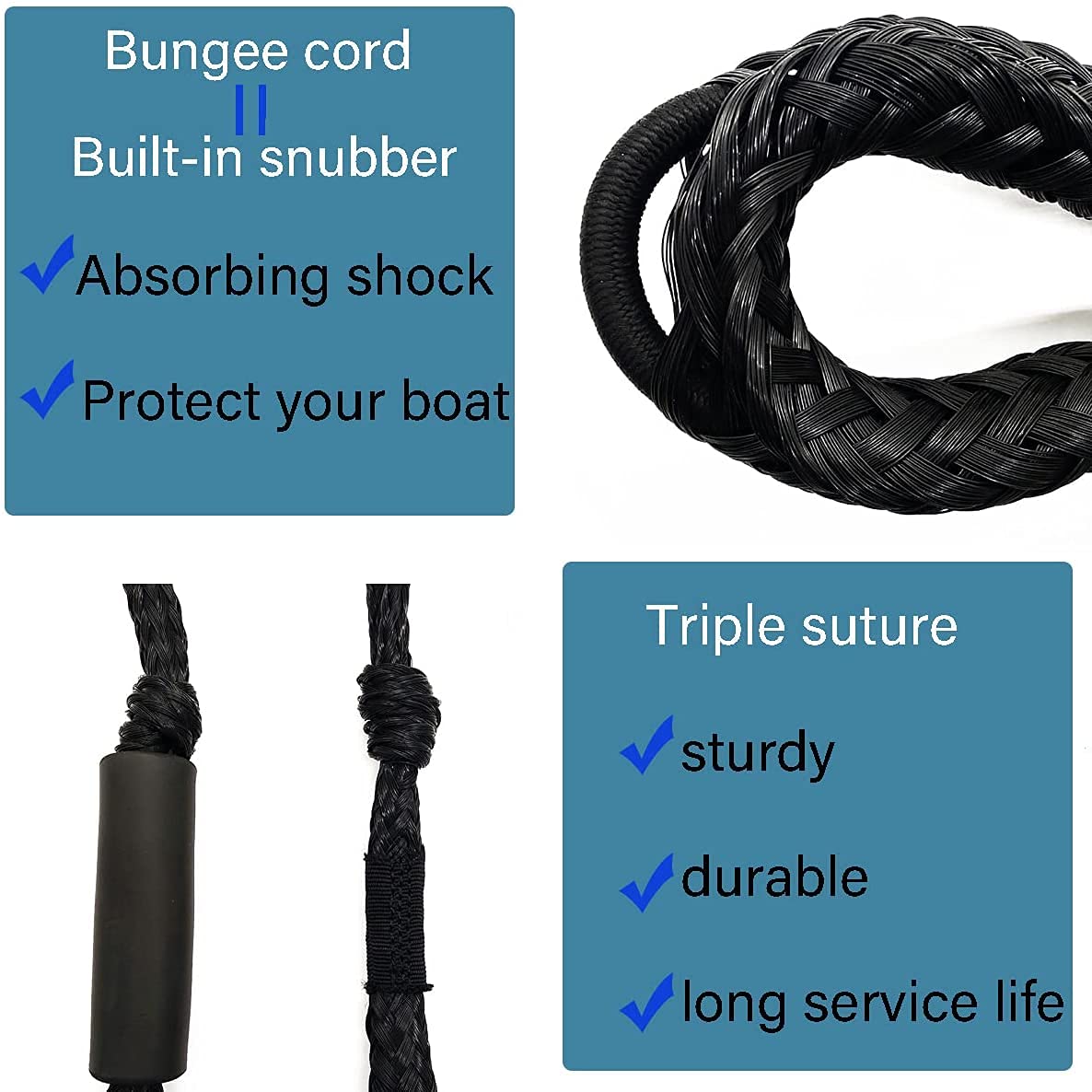 Bungee Dock Line met Dubbele Lus 180-280cm Zwart
