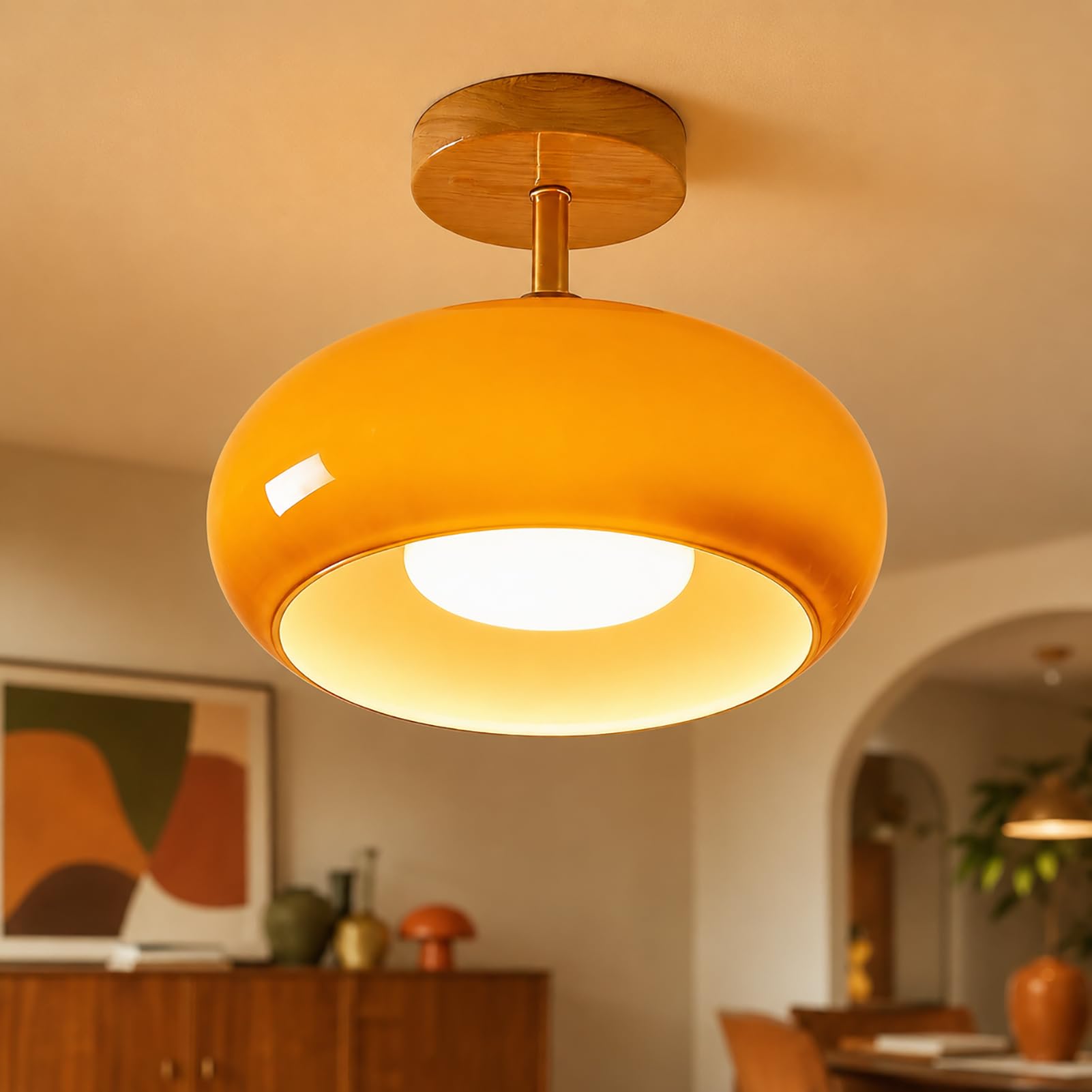 Retro Deckenlampe Orange aus Glas, E27 Deckenleuchte mit Holzsockel