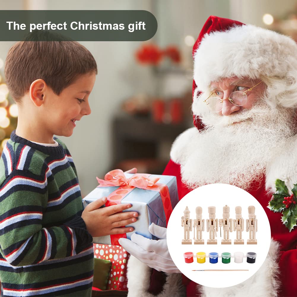 6 Stücke Weihnachten Nussknacker Soldat aus Holz Weihnachten Unbemalte Rohling Nussbaumsoldat Unfertige Figuren Ornamente Puppe mit Farbe Pinsel für Christbaumschmuck DIY Basteln Bemalen Geschenk,13cm
