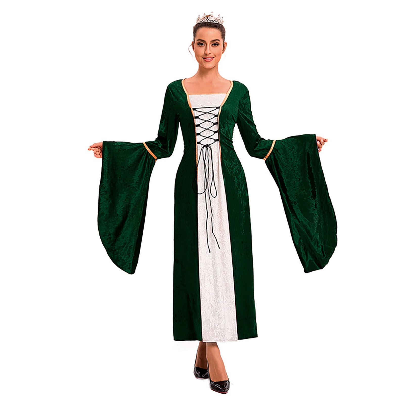 Abito retrò medievale da donna in velluto con maniche a tromba, stile medievale, regina vittoriana, rinascimentale, Halloween, carnevale, costume gotico