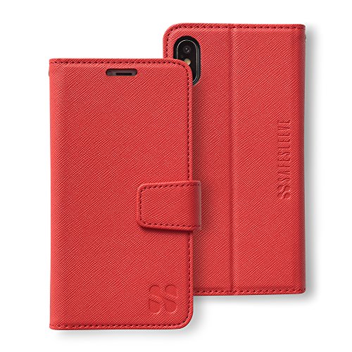 SafeSleeve EMF Protection Anti Radiation iPhone Case: iPhone X and iPhone Xs RFID Card Holder Blocking Wallet, Adjustable Stand Cell Phone Case, Vegan Leather for Women & Men (Red)