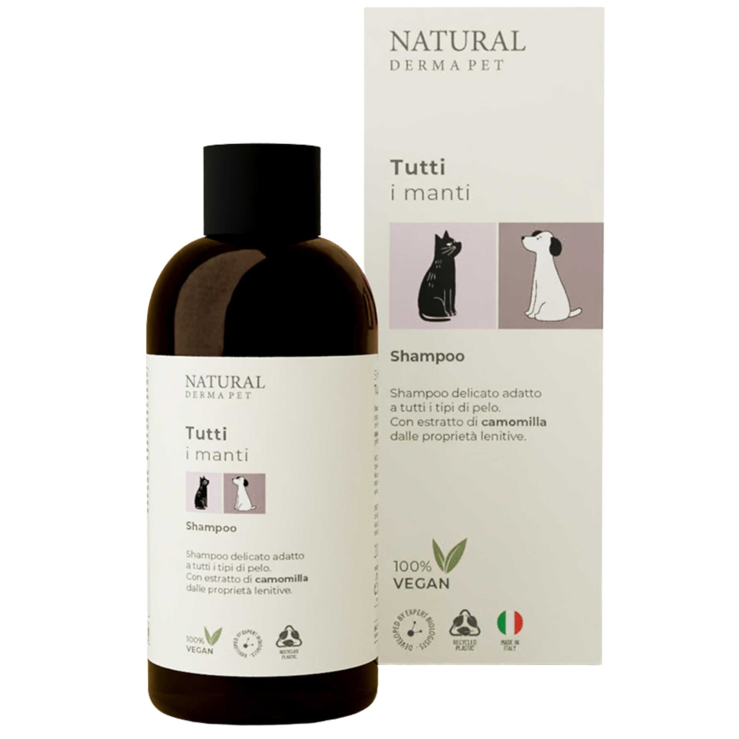 Natural Derma Pet Shampoo Universale Tutti i Manti per Cani e Gatti – Delicato e Lenitivo con Estratto di Camomilla per Pelo Morbido e Lucente – 200 ml – Made in Italy – 100% Vegan