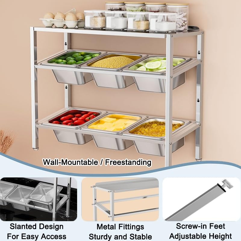 XPLKQXE Station Garniture en Acier Inoxydable, Murale Ou À Poser avec Étagère Rangement, Porte-épices Incliné pour Sauces, Ingrédients Et Fruits(Silver-D,53x18.5x38.5cm/5set)