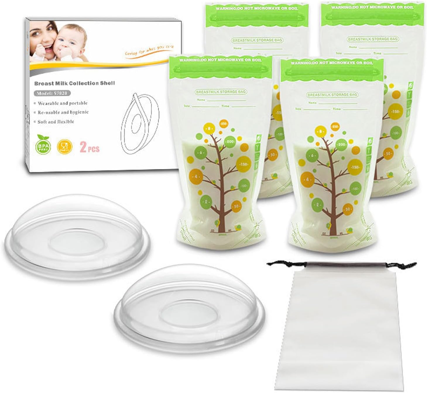 Milk Collectors for Breastfeeding, Portable Leakage Prevention Reusable Breast Shells Breast Milk Collector with 4 Milk Bag Washable