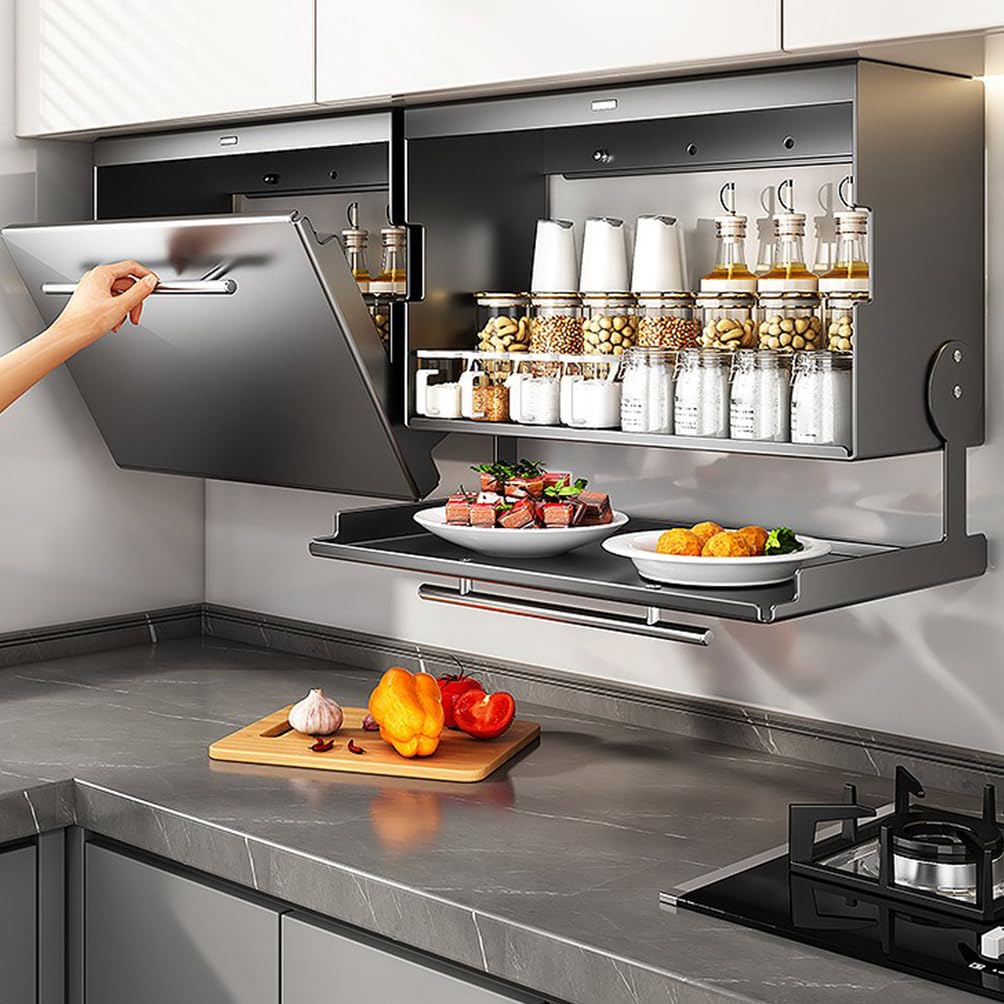 WYRNOBRX Kitchen Wall Cabinet Stainless Steel Folding Door with Flap Multifunctional Gabinetes Para Cocina Wall-Mounted Prep Station Cabinet Storage Box for Under-Cabinet Use,Gray,S