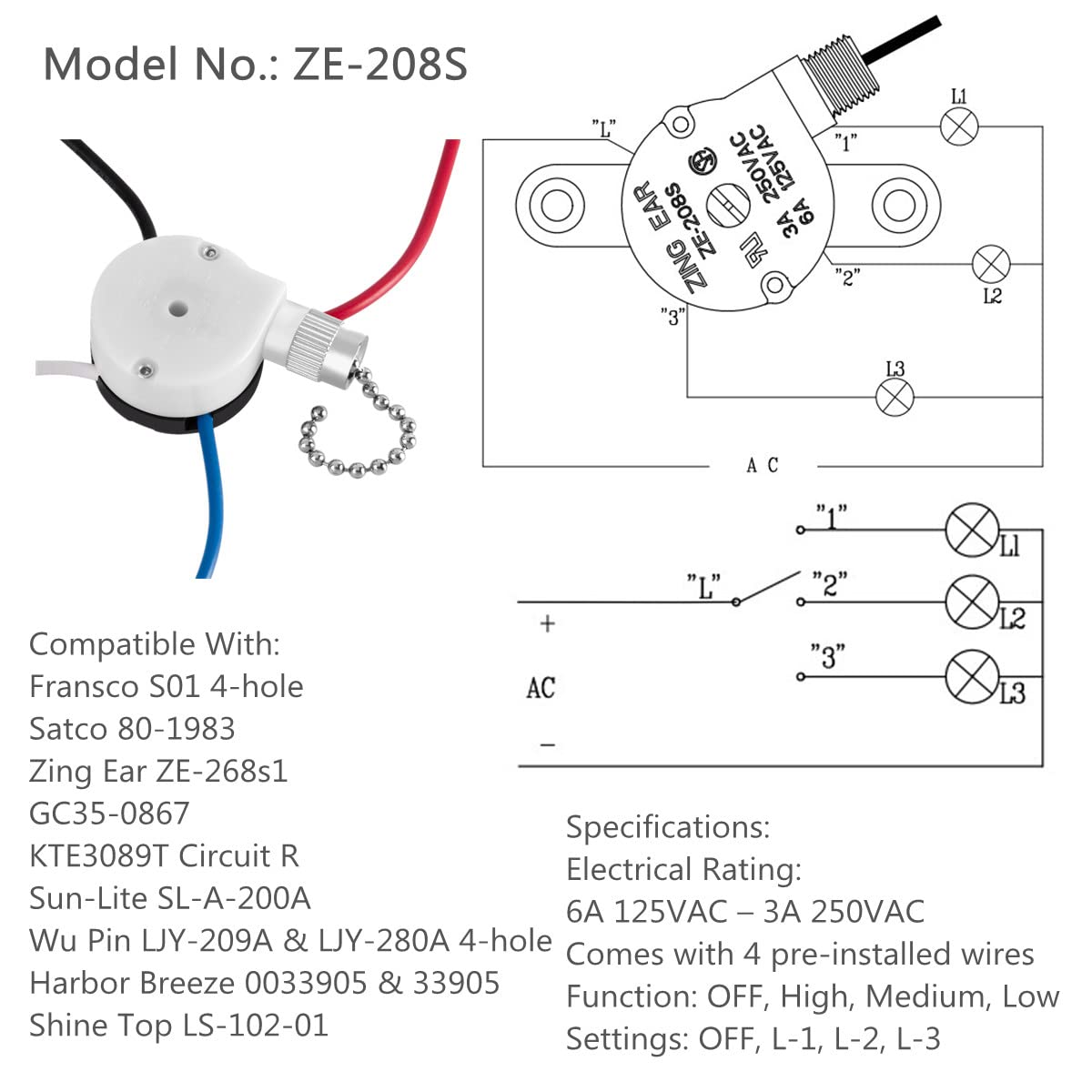 Ceiling Fan Switch Zing Ear ZE-208S E89885 3 Speed 4 Wire Fan 