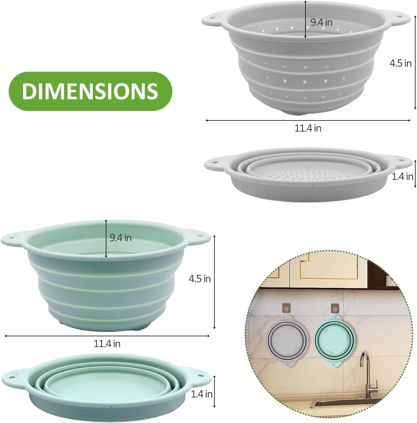 Collapsible Silicone Colander Bowl Set,BPA Free, Heat Resistant, Stainless Steel Nesting, Portable Washing Basket Strainer Drain Basin for Camping, Hiking, Kitchen, Dishwasher Safe (Grey+Green)