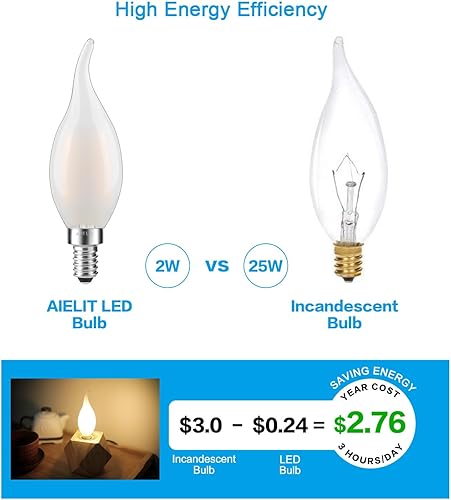 Miniatura 6 de Bombilla LED E12 con llama regulable, 2 W (equivalente a 25 vatios), suave y cálida de 2700 K, bombillas LED CA10 para lámpara colgante de lámpara