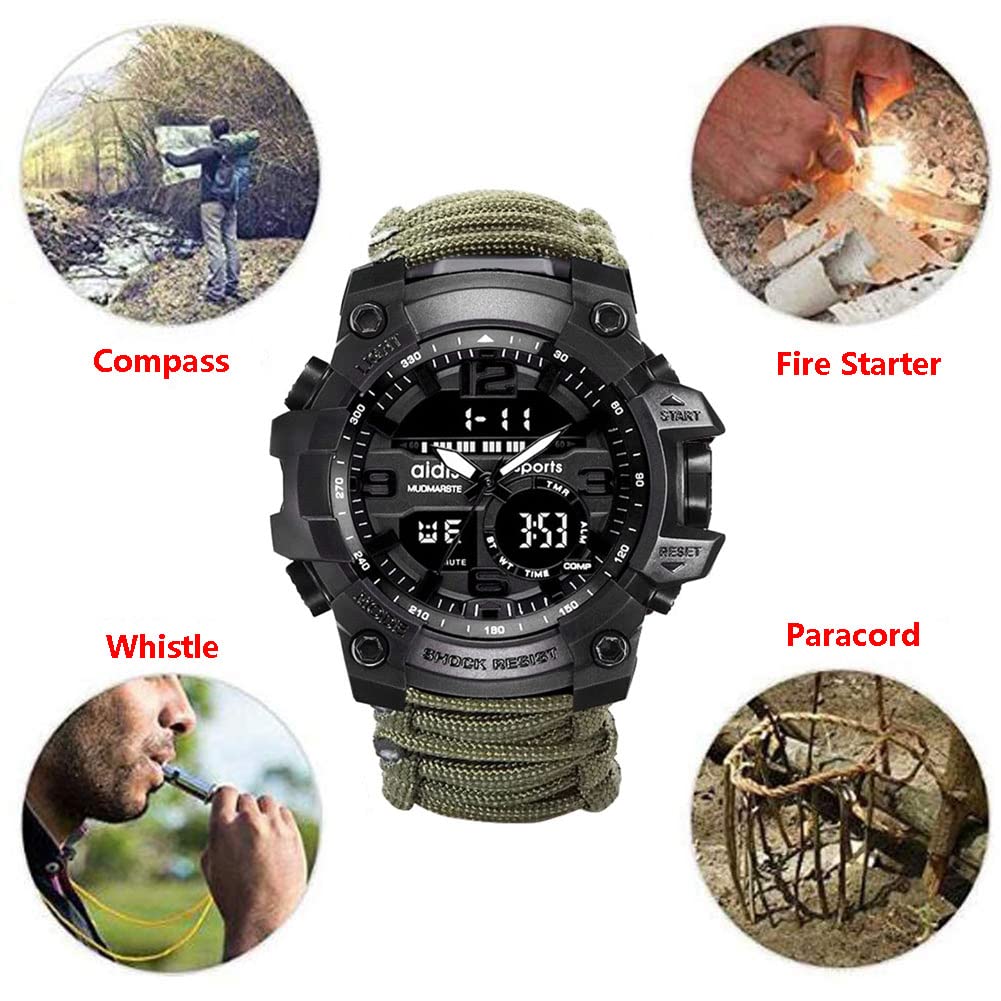 Cyfrowy zegarek na rękę, taktyczne wojskowe zegarki awaryjne unisex z paracord/gwizdkiem/zapalniczką/skrobakiem/kompasem i termometrem, sprzętem zewnętrznym 6 w 1, Zielony, sport