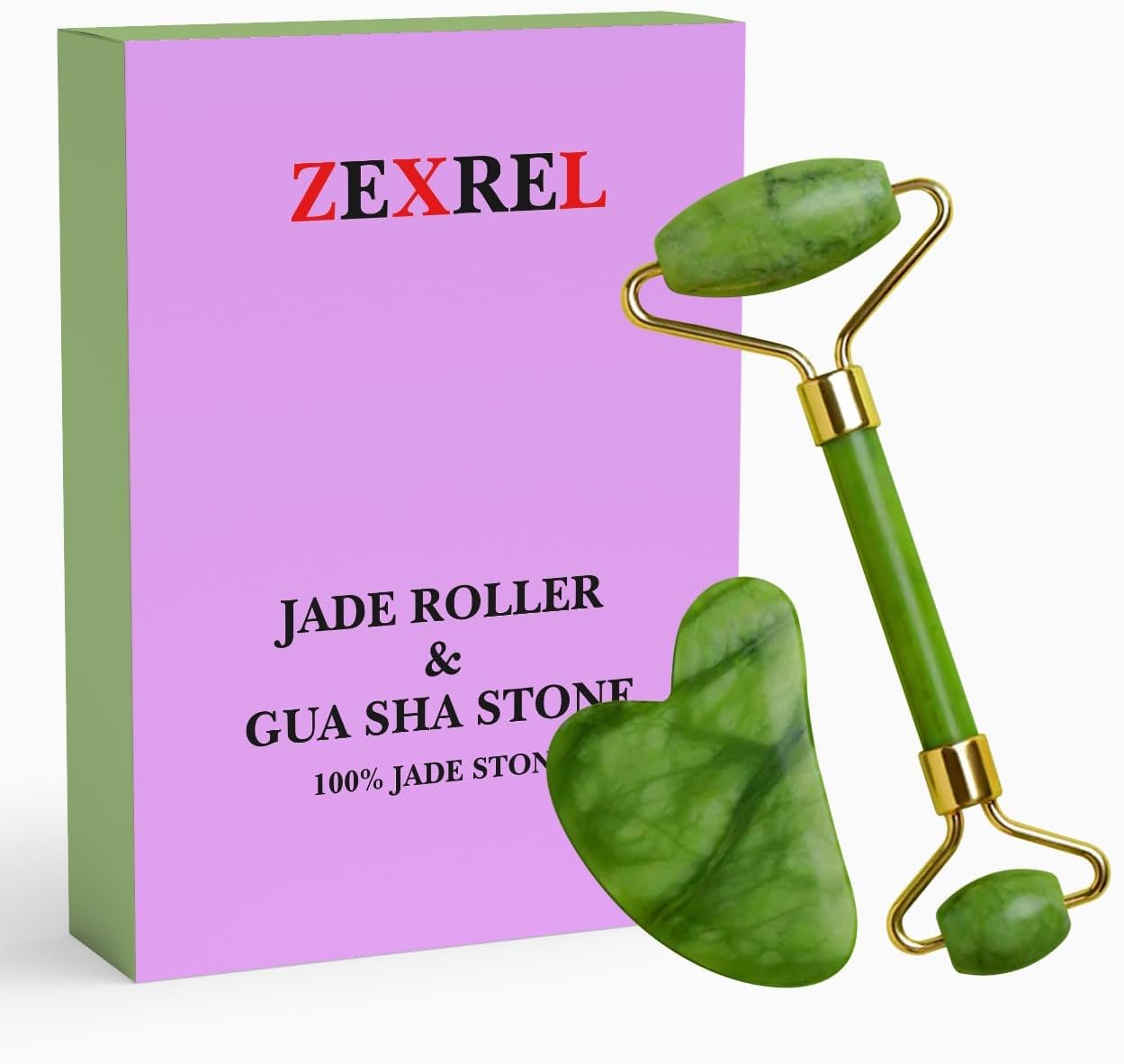 ZEXREL Facial Massager Jade Roller & Gua Sha Tool 100% Natural Himalayan Stone for Face Neck Healing Skin Wrinkles & Face Eye Neck Foot Manual Massage For Women -(Stone - 1)
