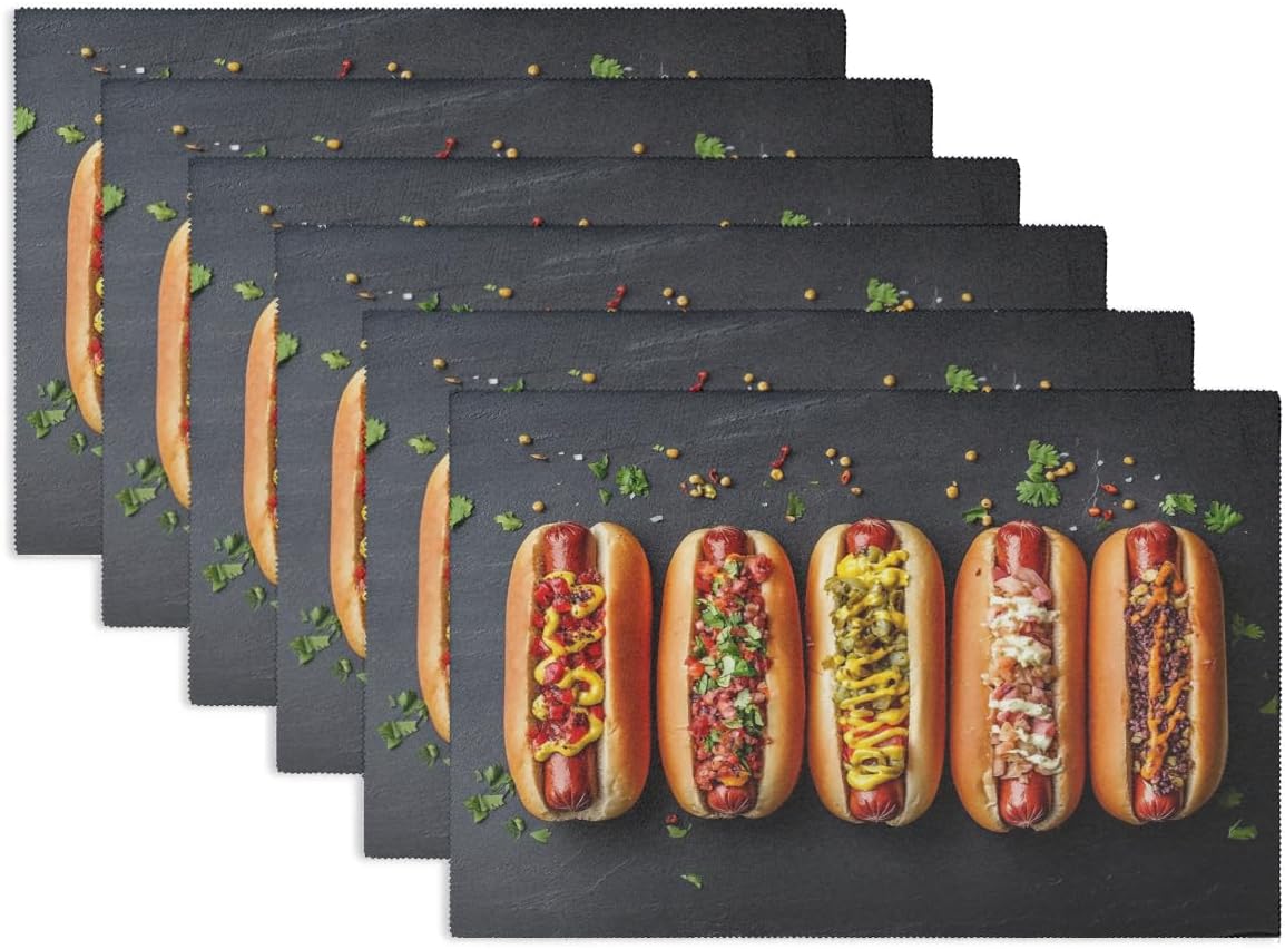 Hot Dogs Placemats Heat Resistant Washable Non-Slip Table Place Mats Set of 6 for Kitchen Dining Home Decor Table Mats 18.9 x 13 in