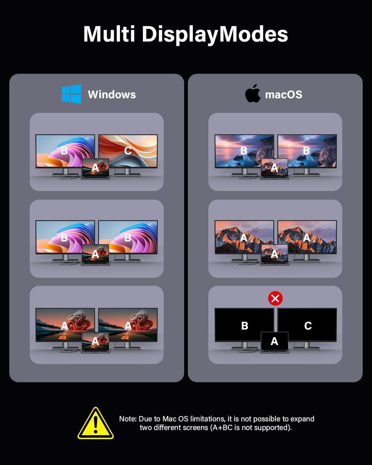 Diagram illustrating multi-display modes for Windows and macOS
