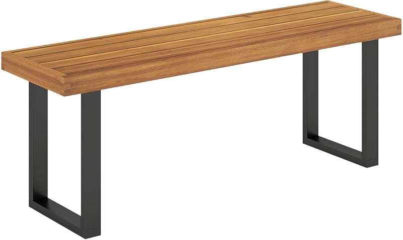 Tangkula Banco de madera de acacia para exteriores, banco de comedor de patio de 48 pulgadas de largo con patas de metal, asiento de listones, banco de picnic sin respaldo, muebles de granja para jardín, pileta, porche, balcón, cubierta interior (1, natural)