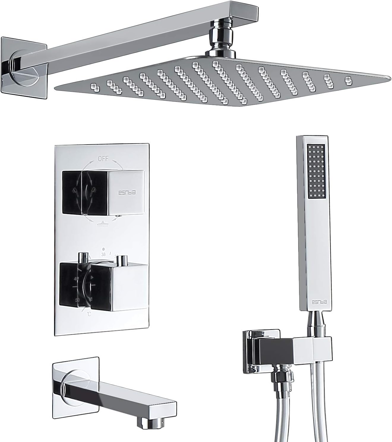 Esnbia Thermostatic Shower System Wall Mounted Shower Faucet Set With Tub Spout and 10" Rain Shower Head Polish Chrome