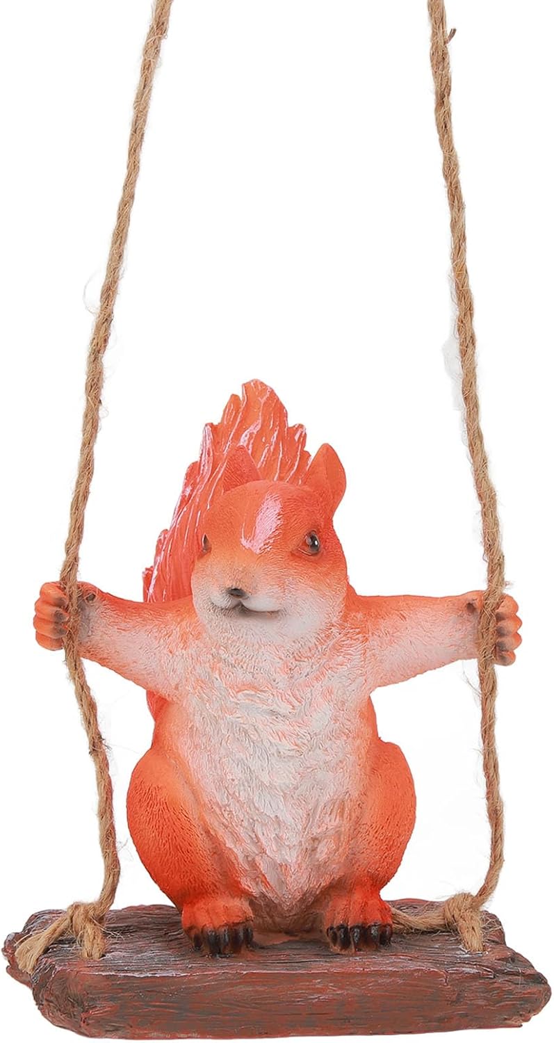 Cute Swing Squirrel Sculpture Garden Decor Outdoor Patio Ornament Animal Resin Figurine (Red Brown)