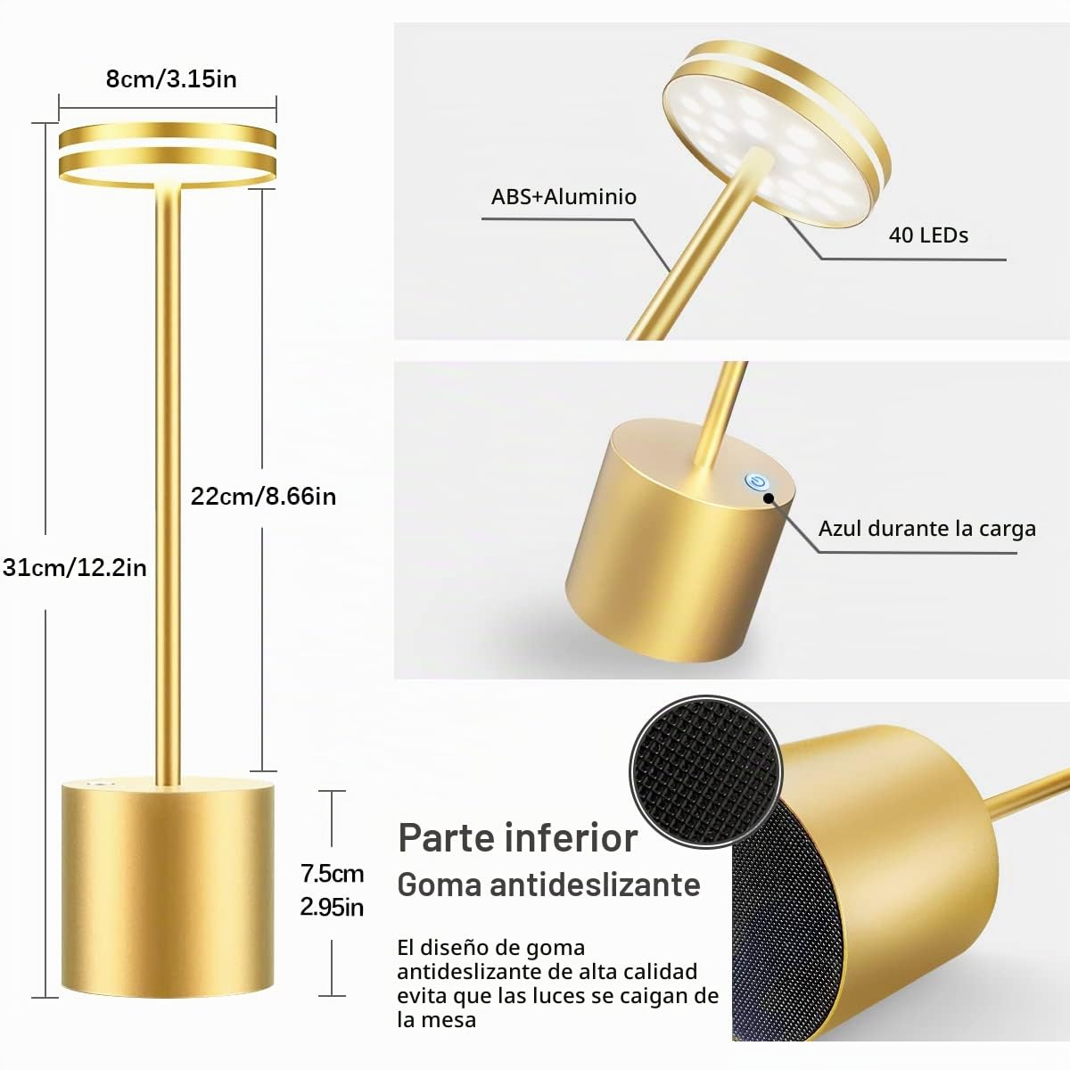 Lampara Escritorio LED Sin Cable, 5000mmAh Lámpara Recargable | Moderna lampara de mesa LED recargable impermeable y portatil, lámparas bateria sin cables, para exterior,terraza,jardin