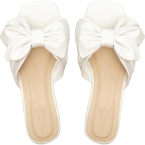 GORGLITTER Women's Bow Flat Sandals Square Open Toe Slip on Slide Sandals
