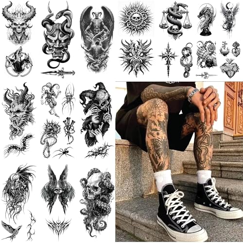 Impressed Blackwork Temporary Tattoos for Adults - Grunge Gothic Large Fake Tats for Men - Dark Art Horror Custom Ink for Teens - Dragon, Skeleton, Skulls, Tattoo for Shoulder, Arm, Leg, for Halloween