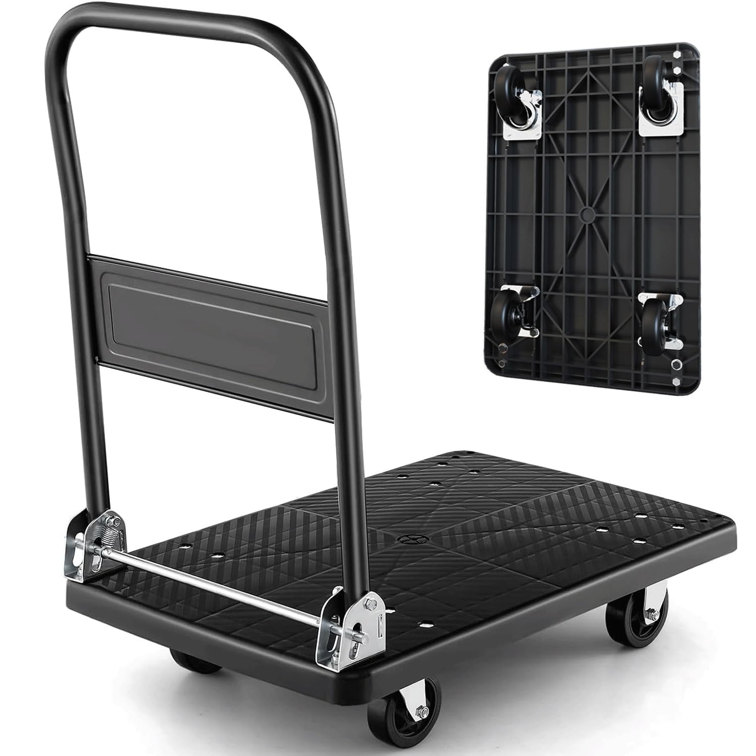 Carrello pieghevole resistente, capacità di carico 200 kg, ampia piattaforma con superficie antiscivolo e rotelle, ideale per magazzini, traslochi e trasporto merci