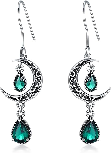 VONALA Moon Earrings for Women 925 Sterling Silver Celtic Moon Dangle Drop Earrings Emerald / Amethyst / Ruby / Sapphire Dangling Earrings Celtic Jewelry Gifts for Women Teens Girls