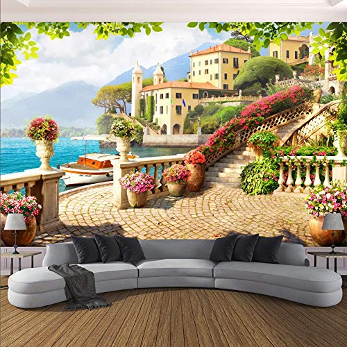 3D-Tapete, Garten, Balkon, Seeblick, architektonisches Foto, Wandbild, Wohnzimmer, Schlafzimmer, Hintergrund, Heimdekoration, wasserdichtes Wandbild, 430 x 300 cm Cover