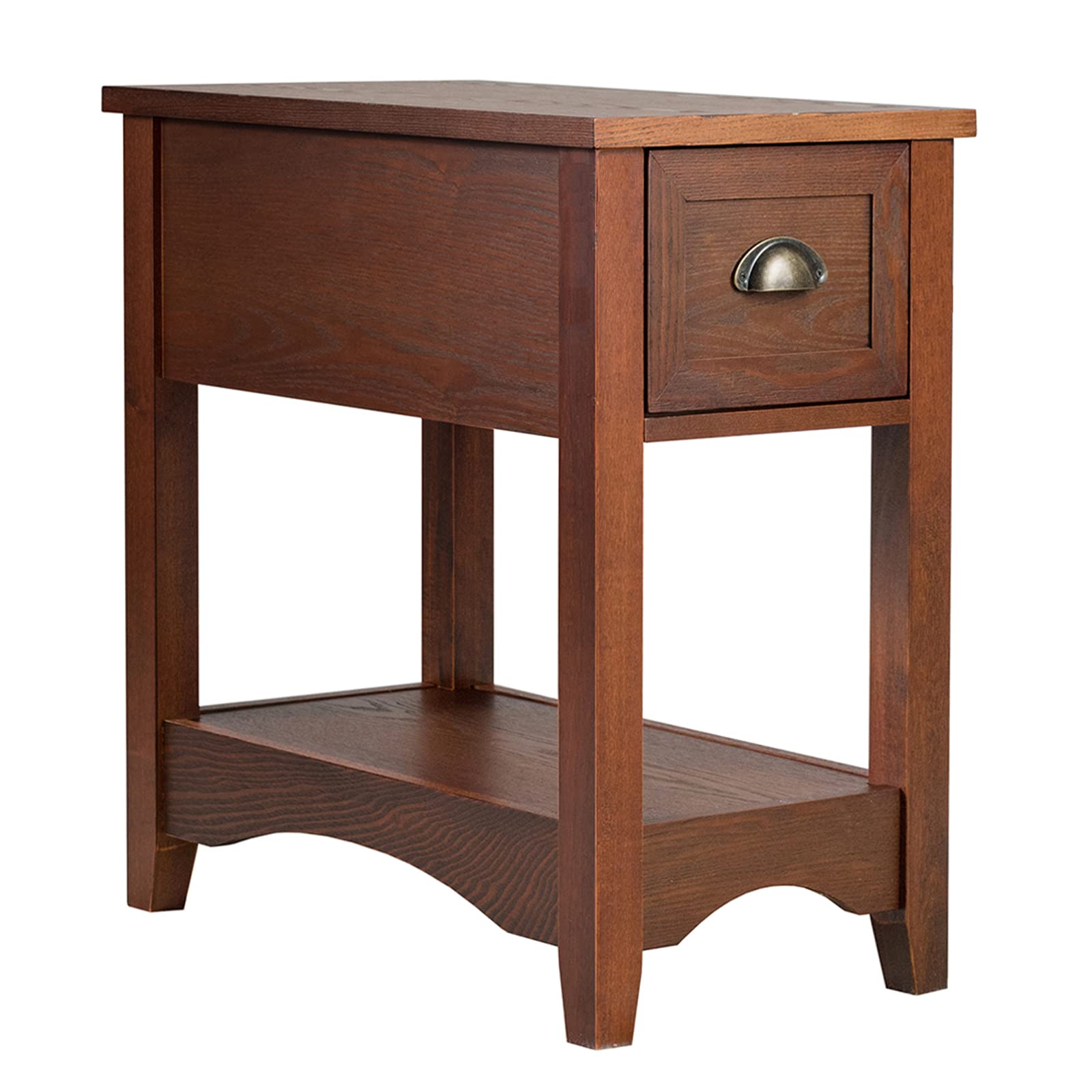 giantex end table with drawer, retro narrow side table, nightstand with solid wood & stroage shelf, bedside table for living room bedroom small space home office (1, walnut)