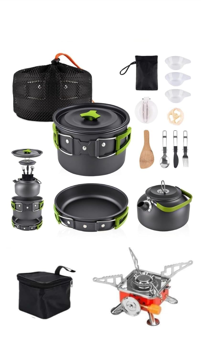 BYRM 14-Piece Camping Cooking Set Cookware Mess Kit with Mini Gas Stove Pot Pan and Teapot Set Camping Accessories for Outdoor Camping Hiking Picnic Portable and Lightweight Aluminum-picture-12