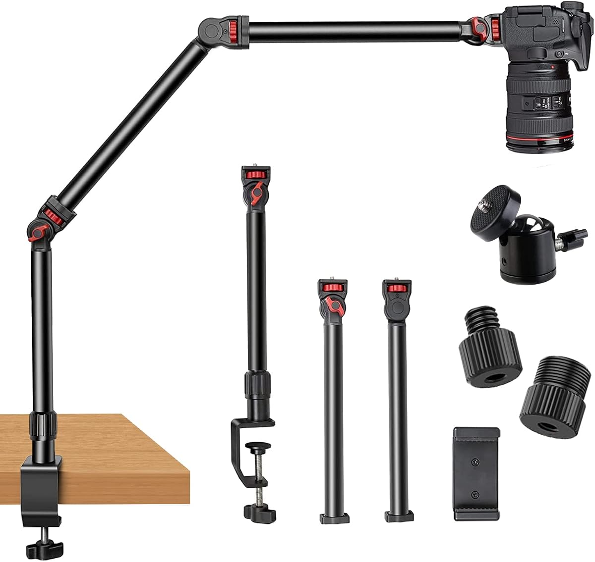 Soporte de escritorio para montaje en cámara superior, brazo articulado desmontable de 3 secciones | con tornillo de 1/4" 3/8" 5/8" y cabeza esférica de 360°, soporte de mesa con abrazadera en C para cámara DSLR/cámara web/micrófono/luces