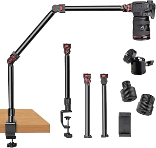 DImotliyor Overhead Camera Mount Desk Stand: 3-Section Flexible Detachable Arm, 360° Ball Head, C-Clamp for DSLR/Webcam/Lights (Up to 7.2lb Load)