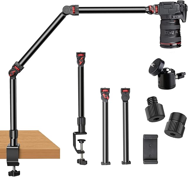 DImotliyor Overhead Camera Mount Desk Stand, 3-Section Flexible Detachable Articulating Arm with 1/4 3/8" 5/8" Screw&360° Ball Head, C-clamp Tabletop Mount for DSLR Camera/Webcam/Microphone/Lights