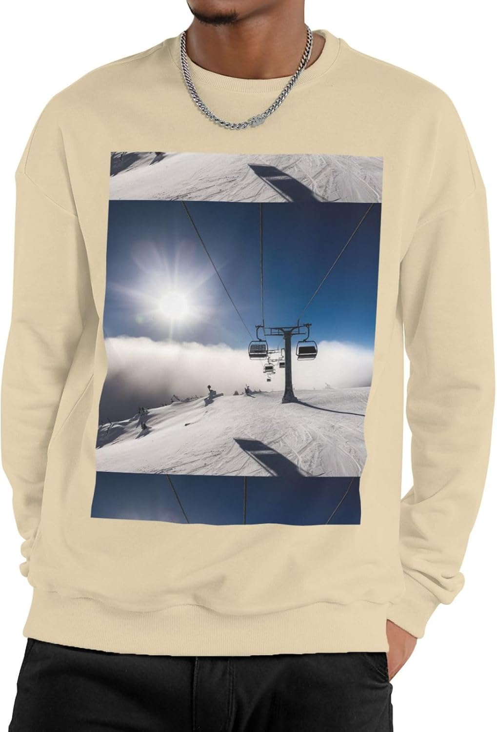 Men's Fleece Crewneck Sweatshirt Long Sleeve Pullover Hooded Ski Lift at Sunshine Casual Hoodie for Men Medium Khaki
