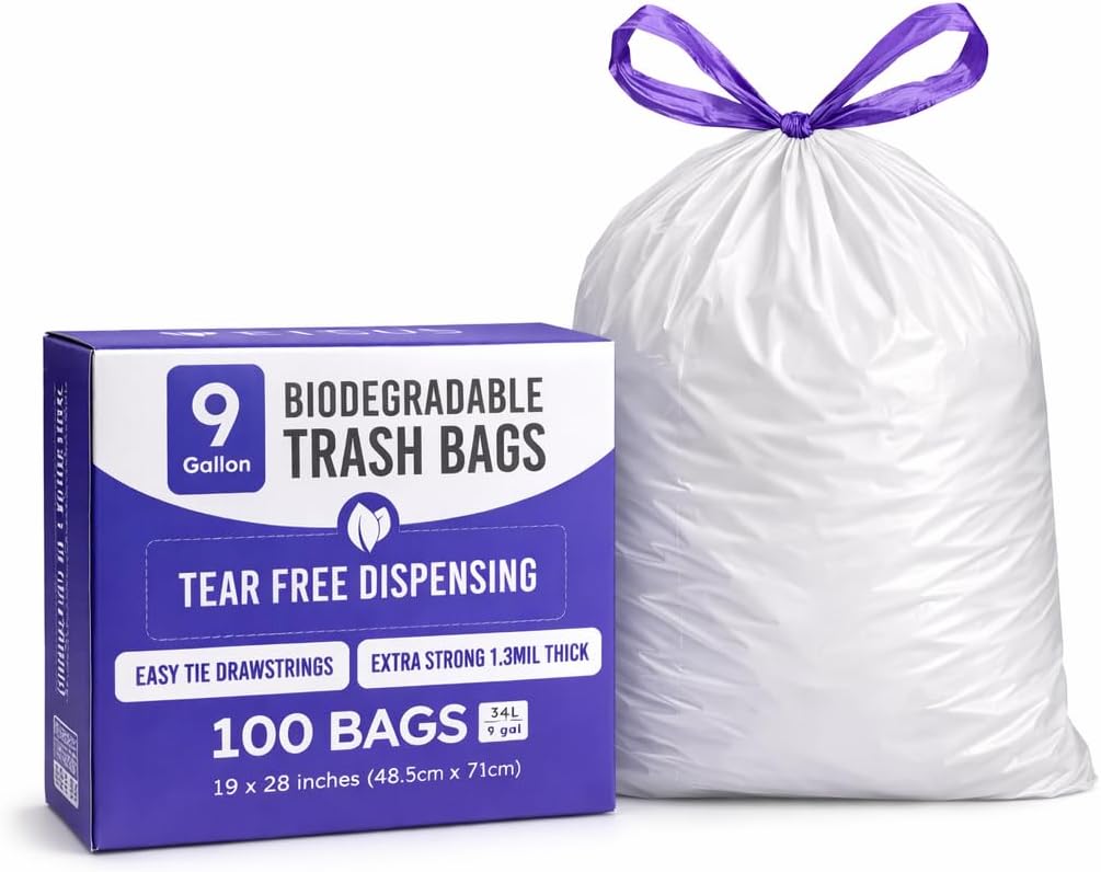 13 Gallon Biodegradable Trash Bags with Drawstrings, 75 Count Plant Based, Code Q Tall Kitchen Compost Bags 50 Liter Bin - Green Garbage Liners - 1.3 mil Thick Heavy Duty and Eco Friendly Trash Bags