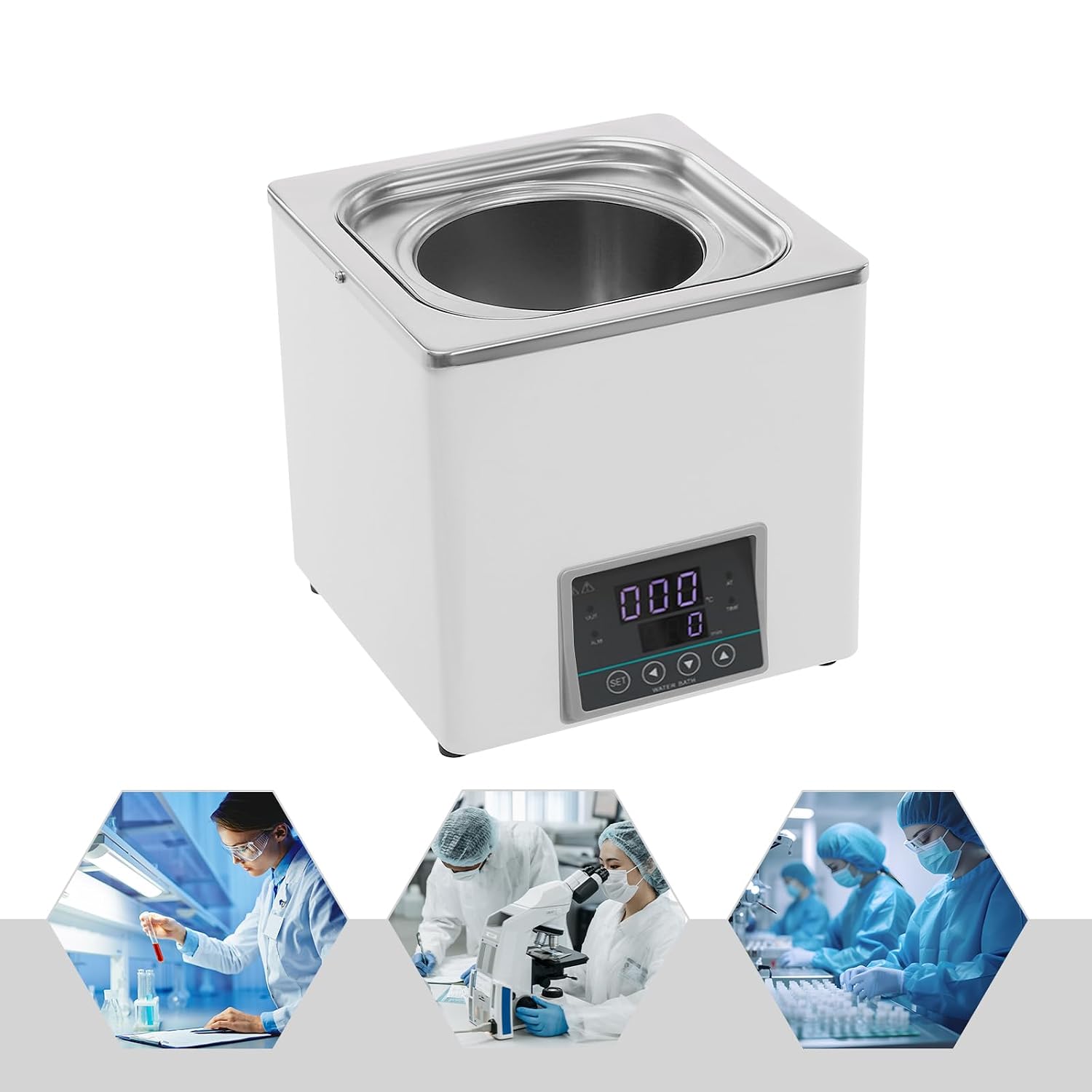 Lab Water Bath Digital Thermostatic Heater Electric Heating Devices for Laboratory Experiment, Stainless Steel Liner 3L Capacity 1 Selectable Opening 110V/60 Hz 300W