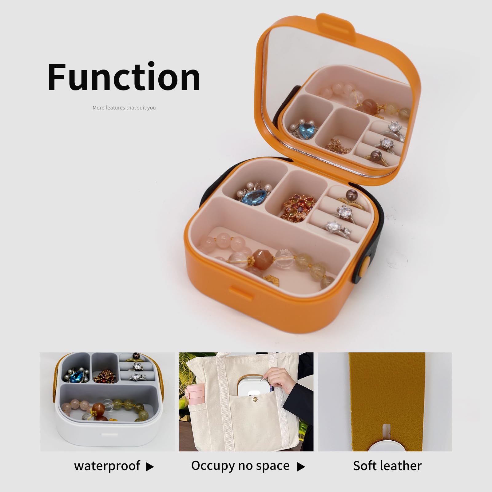 FuninCrea Joyero pequeño con espejo y 3 paños de limpieza para joyas, almacenamiento de joyas, maletín de viaje, joyero portátil para anillos, pendientes, pulseras, Blanco, Clásico
