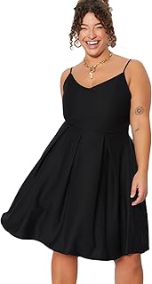 ترنديول فستان منسوج بقصة ايه لاين وقبة V وحزام قابل للتعديل للنساء بلون اسود مقاس كبير TBBSS23AH00228