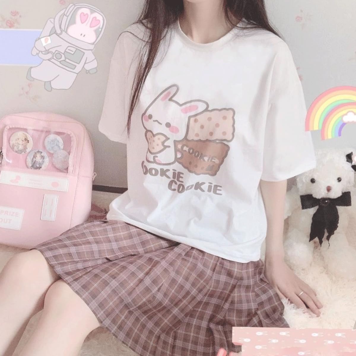 Harajuku Kawaii Fashion Pastel Gothic Casual Style Crewneck Soft Cartoon Cute Bunny Cookies Print T-Shirt - Image 6