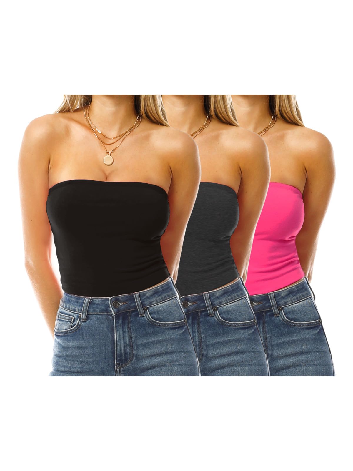 Design by Olivia Women's 3 Pack Double Layered Tube Tops Crop Tops Strapless Basic Backless Bandeau Bra Solid