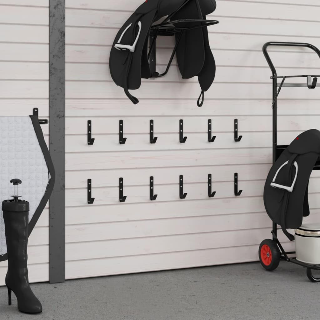 Wandhaken J-Form 12 Stück Schwarz Stahl 2 x 6 x 10,5 cm an der Wand montiert für Aufbewahrung von Sattel Zaumzeug Trense Halfter Steigbügel im Stall oder Garage