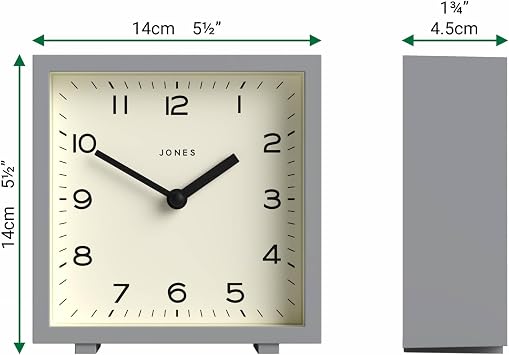 JONES CLOCKS Disco Desk Clock | Sleek Square Design | Gray | Stylish and Easy to Read for Shelf, Table, Mantel or Bedside
