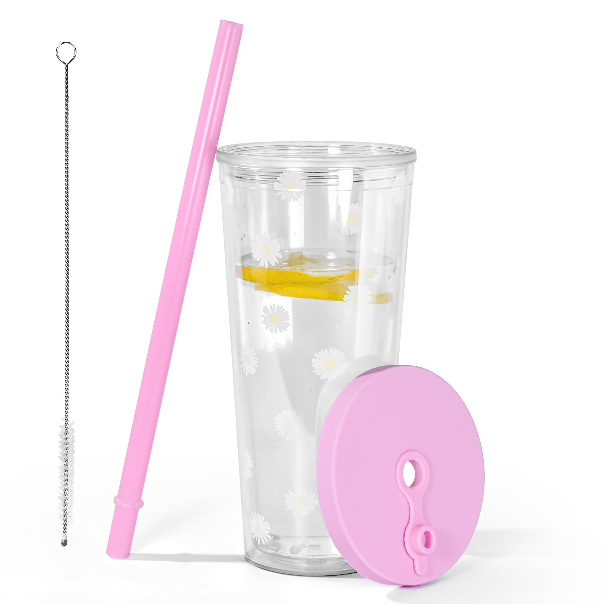 sweet grainsweet grain Reuasble Boba Cup, 100% Leak Proof 24oz Aesthetic Flower Iced Coffee Cup, Double Wall Insulated Tumbler, Mothers Day, Birthday for Women Friend Sister Her Coffee Lover (Pink)