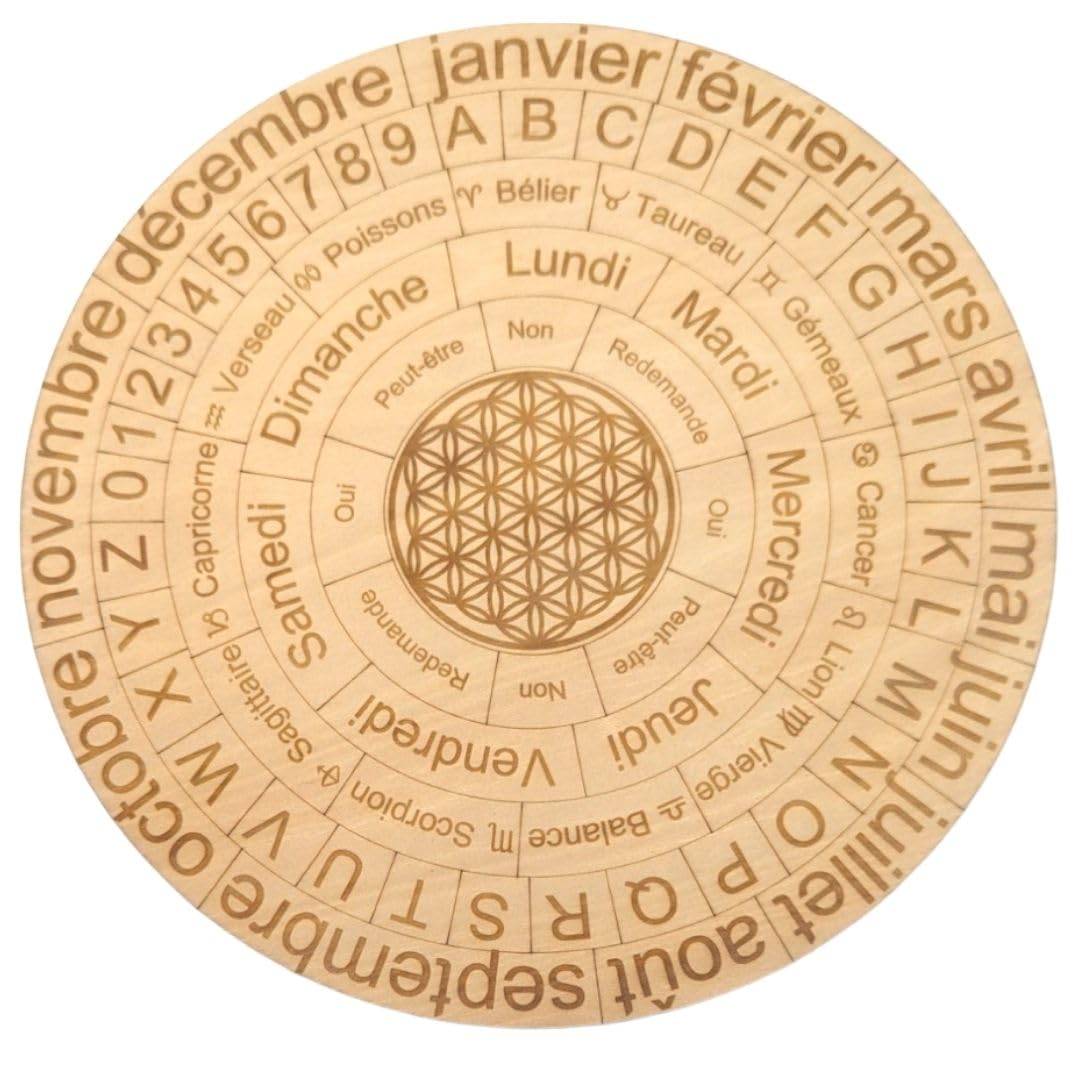 Planche multifonction pour pendule divinatoire 20cm | Idéale pour vos séances de radiesthésie | Écrite en français avec mois, jours, lettres, chiffres, signes astrologiques, OUI/NON, Fleur de Vie