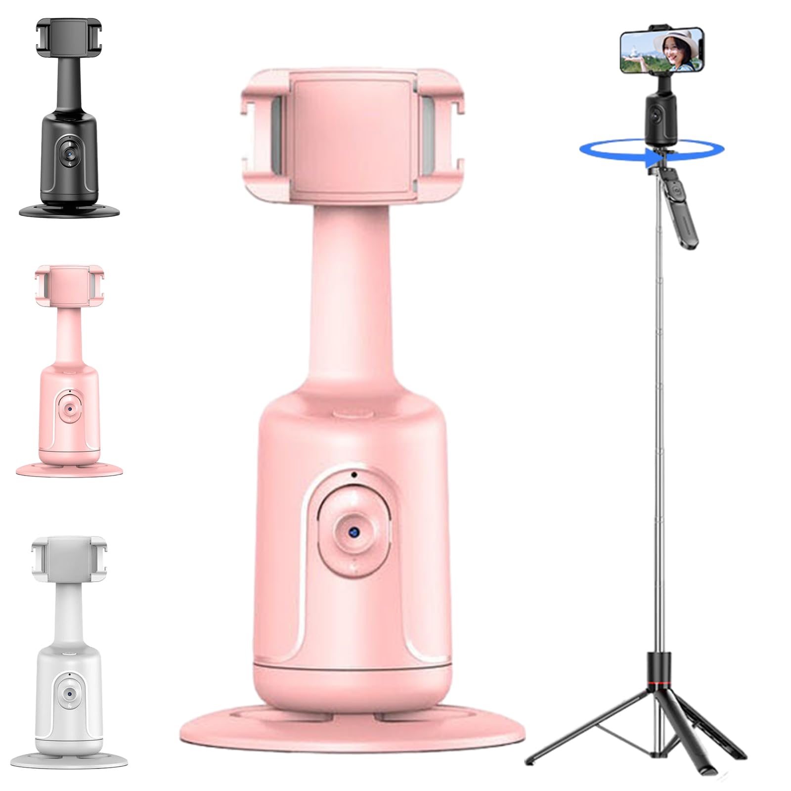 Smart Ai Facial Recognition Phone Tripod, 360° Auto Face Tracking Supports Gesture Control &amp; Remote Control No App for Outdoor Live Streams,Video Shoots,Dynamic Shots (Pink + Stainless Steel Tripod)