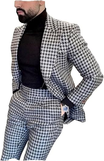 Premium Houndstooth Dogstooth Plaid Slim Fit Tuxedo Prom Wedding Groom Suits Set Jacket Blazer Pants Sport Coat