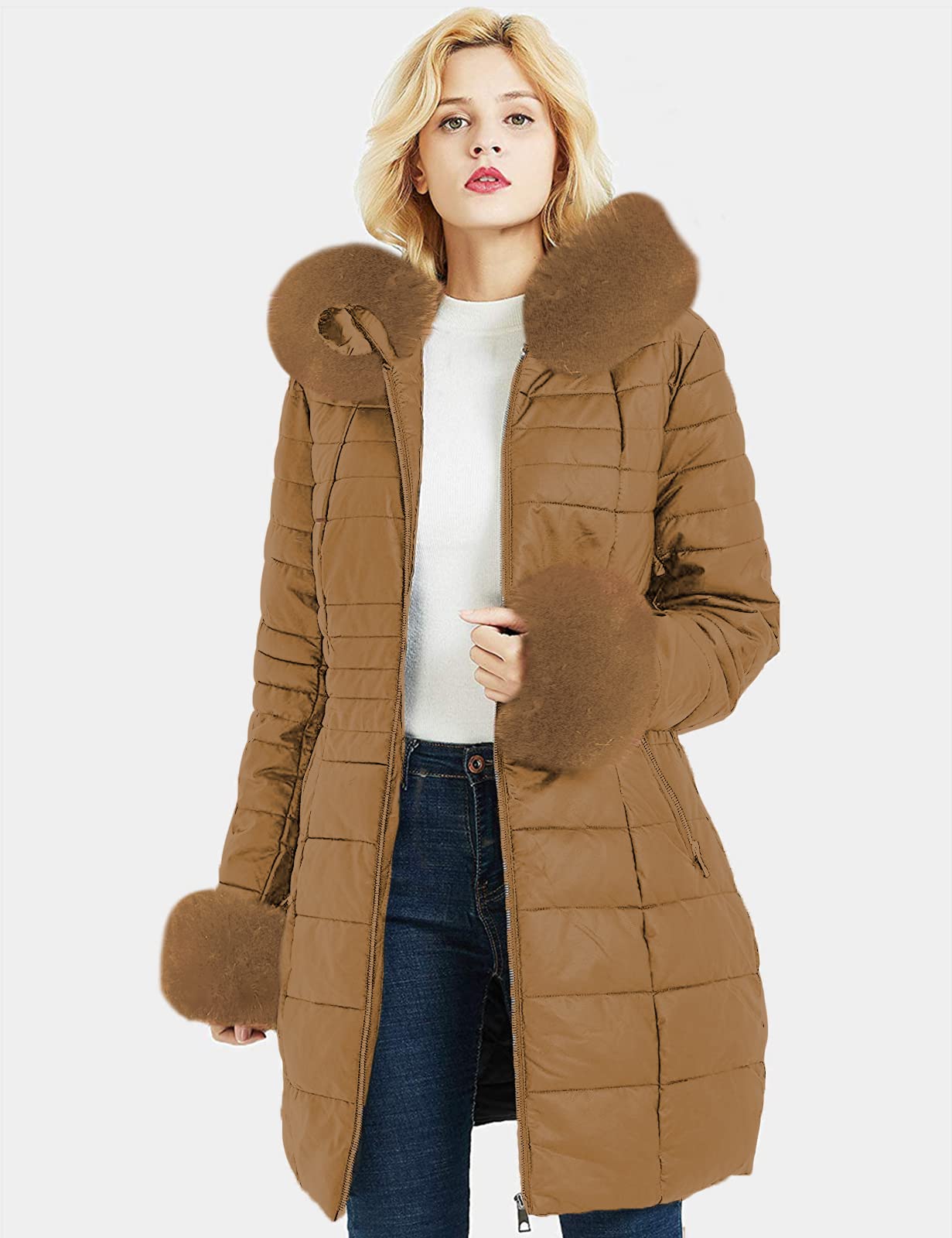 Geschallino Piumino Lungo da Donna Cappotto Parka con Inverno Imbottitura Bolle con Collo in Pelliccia Sintetica Rimovibile
