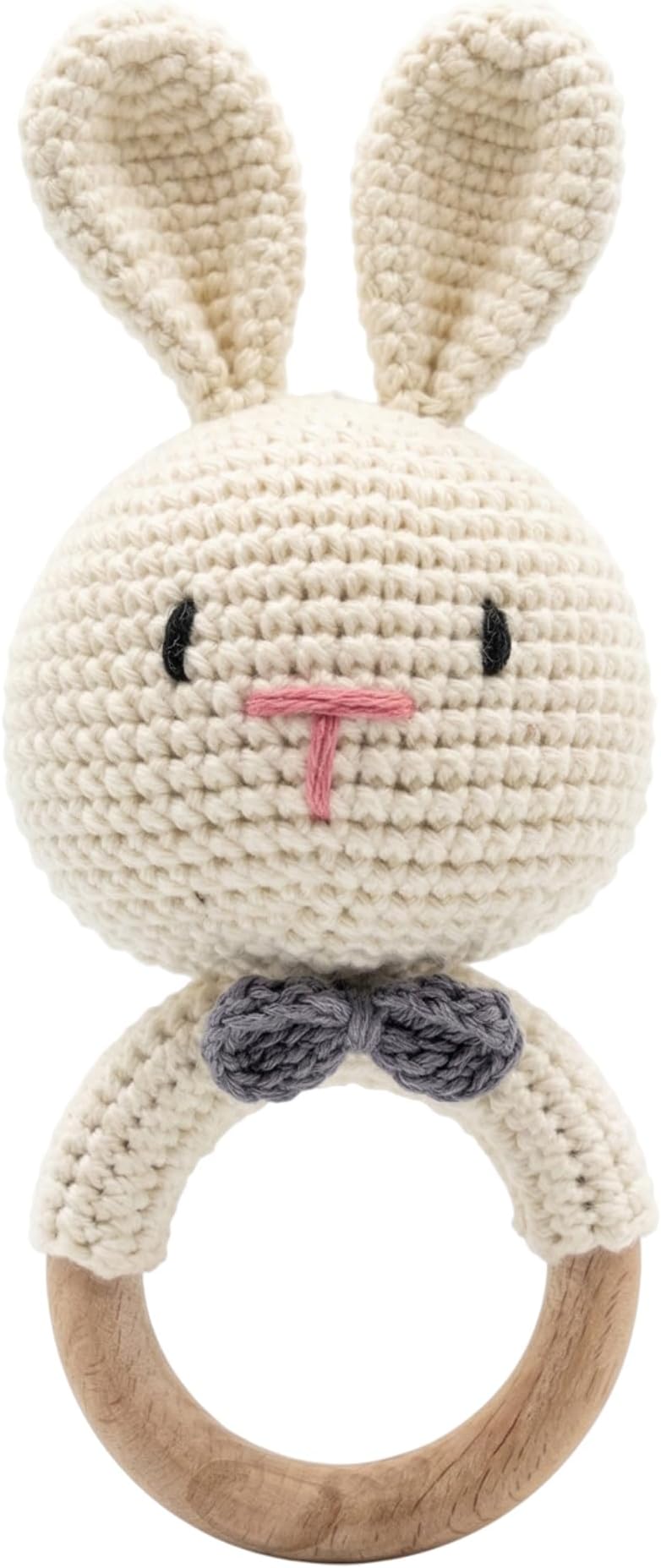 Baby Rattle for Newborn - Crochet Bunny Toy, Natural Wool Music Shaker for Hand Grips, First Gift for Boy Girl, Rabbit 1 PCS Combo, Wood