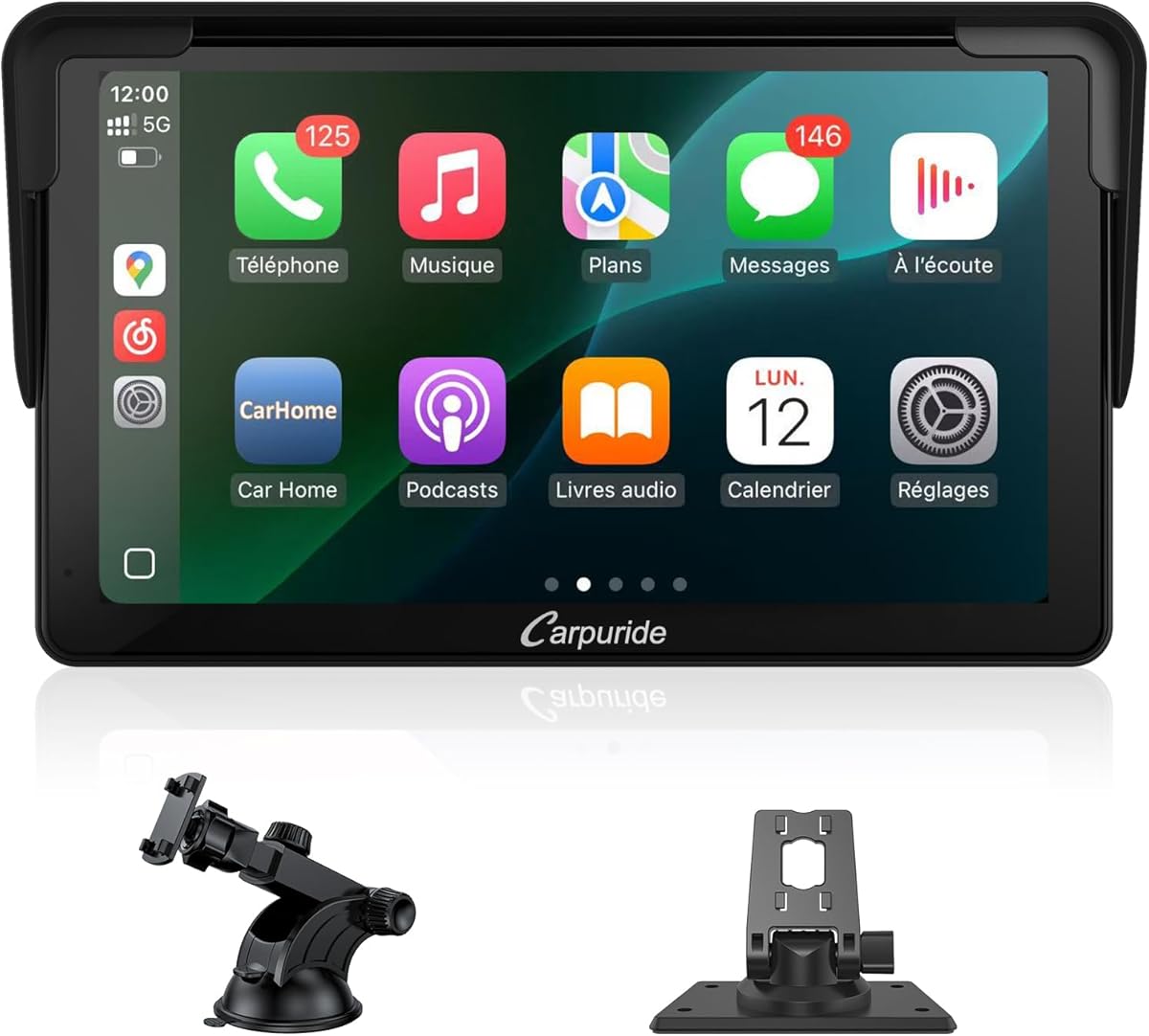 Carpuride Autoradio Portable sans Fil Carplay et Android Auto, 7 Pouces écran Tactile HD 1080p de avec BT 5.0, Support de Liaison Miroir pour Camion, véhicule récréatif