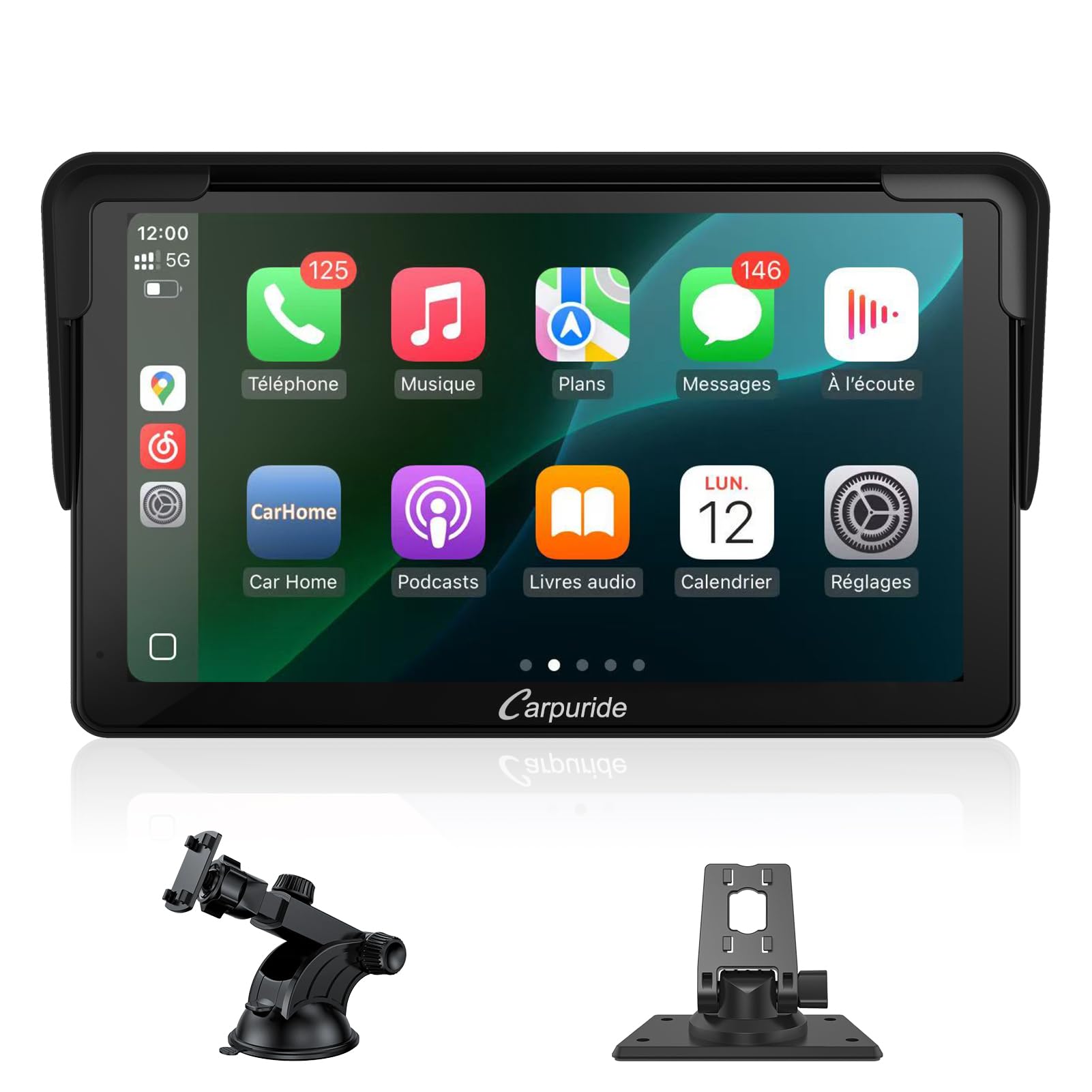 Carpuride Autoradio Portable sans Fil Carplay et Android Auto, 7 Pouces écran Tactile HD 1080p de avec BT 5.0, Support de Liaison Miroir pour Camion, véhicule récréatif