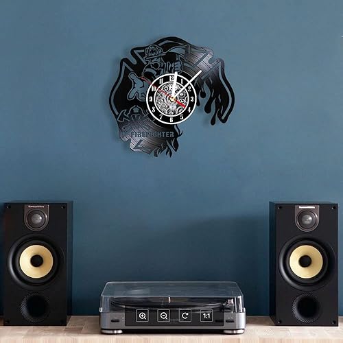 Miniatura 9 de The Geeky Days Reloj de pared con disco de vinilo de bombero, cruz maltesa quemada de 12 pulgadas, funciona con pilas, reloj silencioso sin tictac,