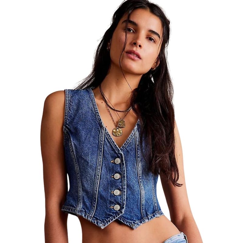 honmin Women’s V-Neck Denim Vest | Adjustable Straps | Sleeveless Button Front Casual Top-picture-18